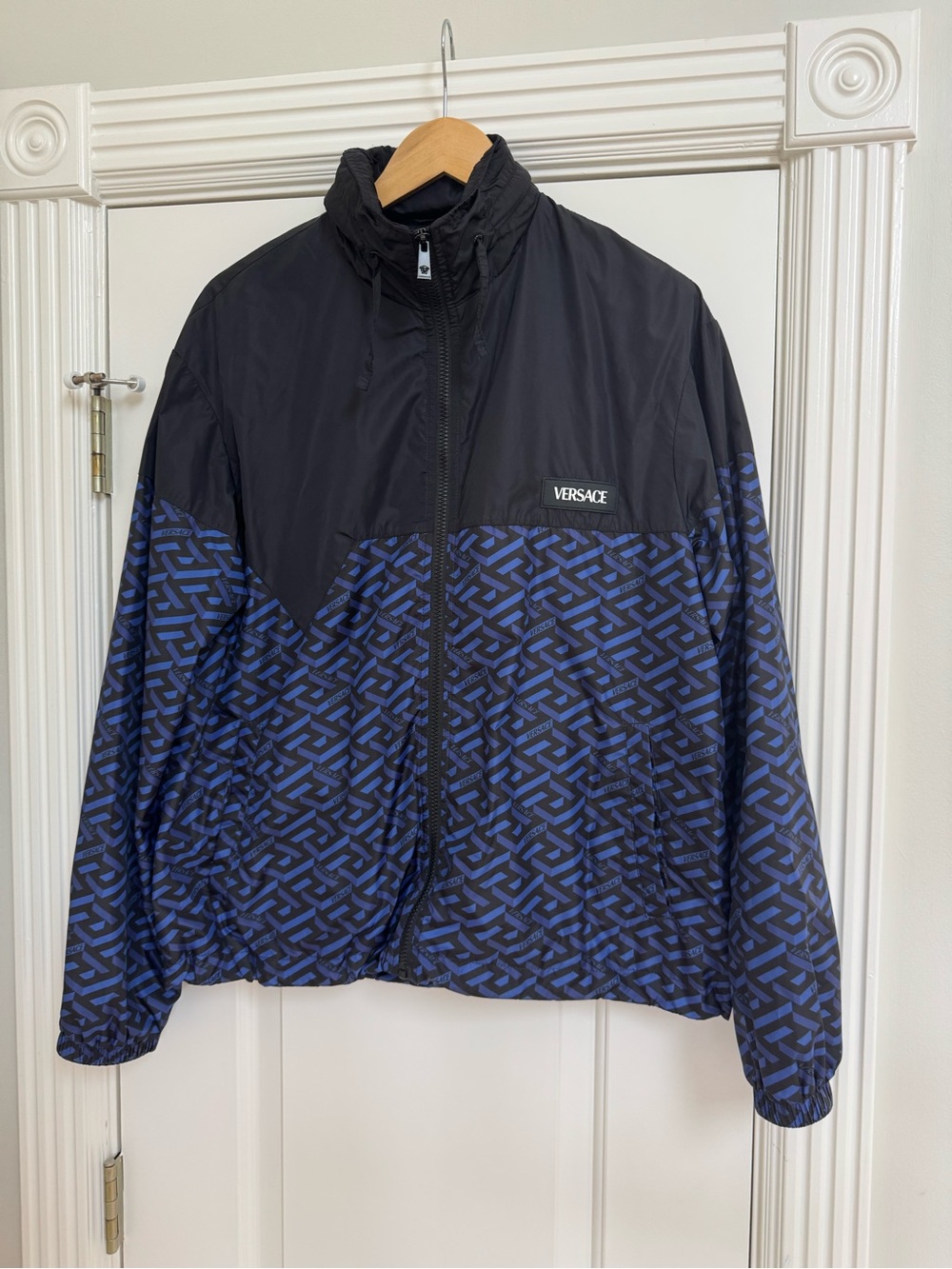 Versace Men's Black & Blue Greca Logo-Print Windbreaker Jacket